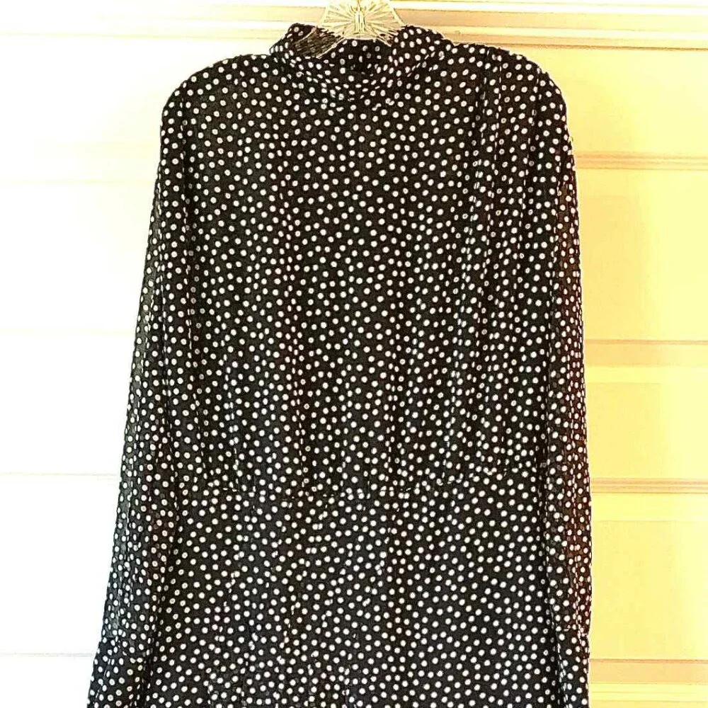 NWT ZARA High Collar Polka Dot Chiffon Long Sleeve Midi Dress Black\White XL - Picture 5 of 8